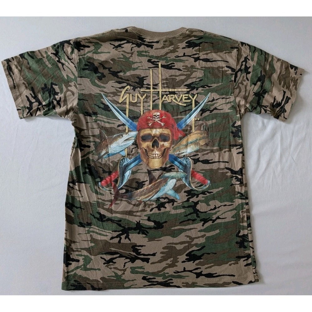 Guy Harvey T Shirt Mens Med Camo Tiger Stripe Skull Crossbones Sharks Fishing